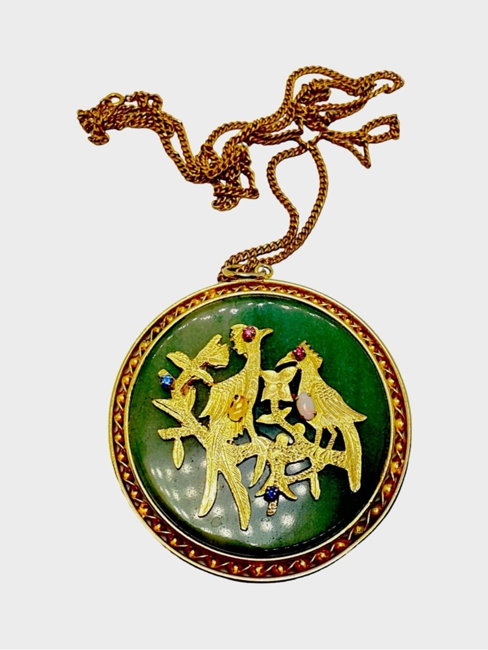 Gold-Tone Green Jade Enamel Bird Pendant Necklace - Elegant Women's Jewelry - Picture 3 of 4